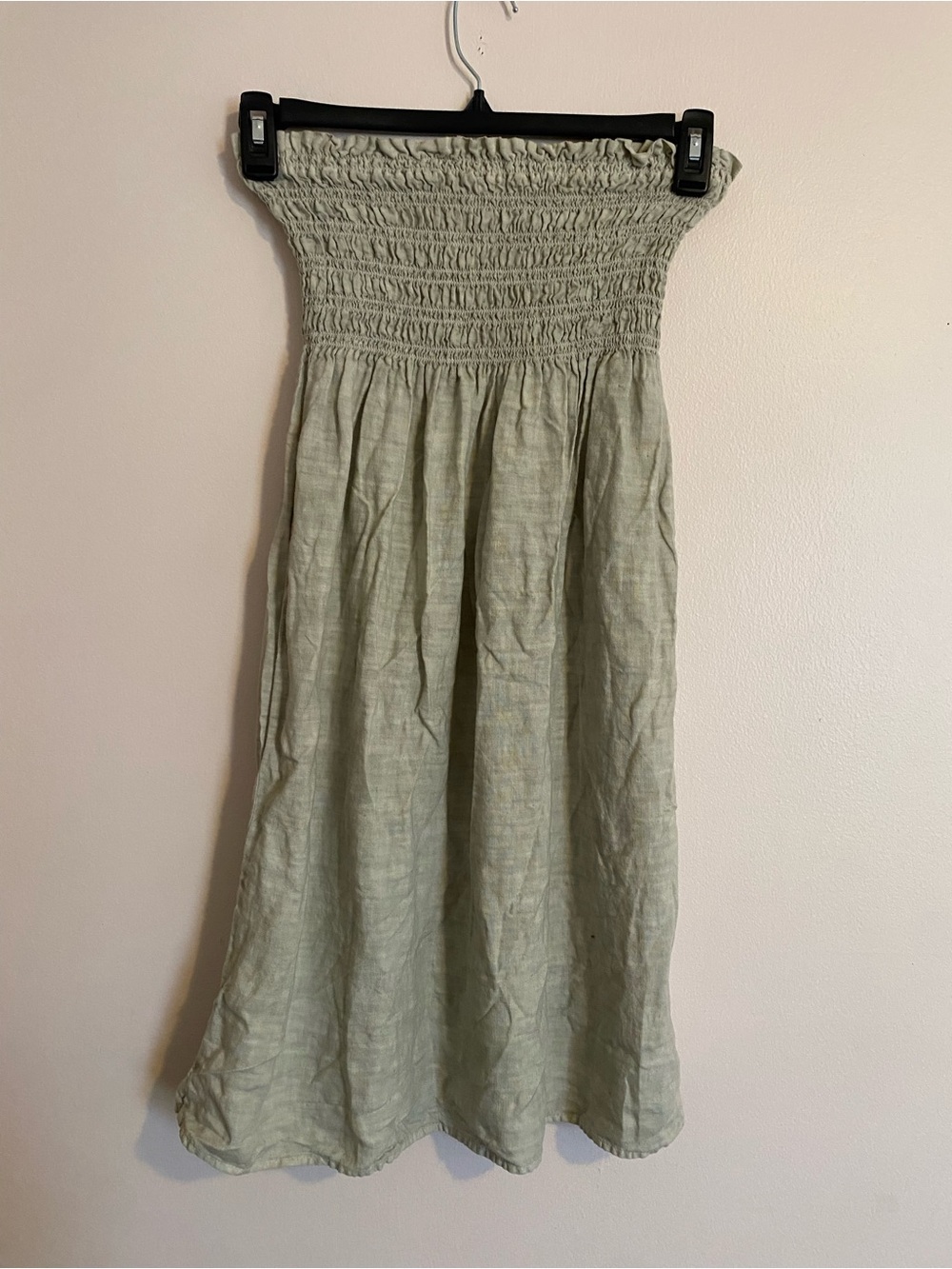 Linen Smocked Strapless Mini Dress in Light Sage Green